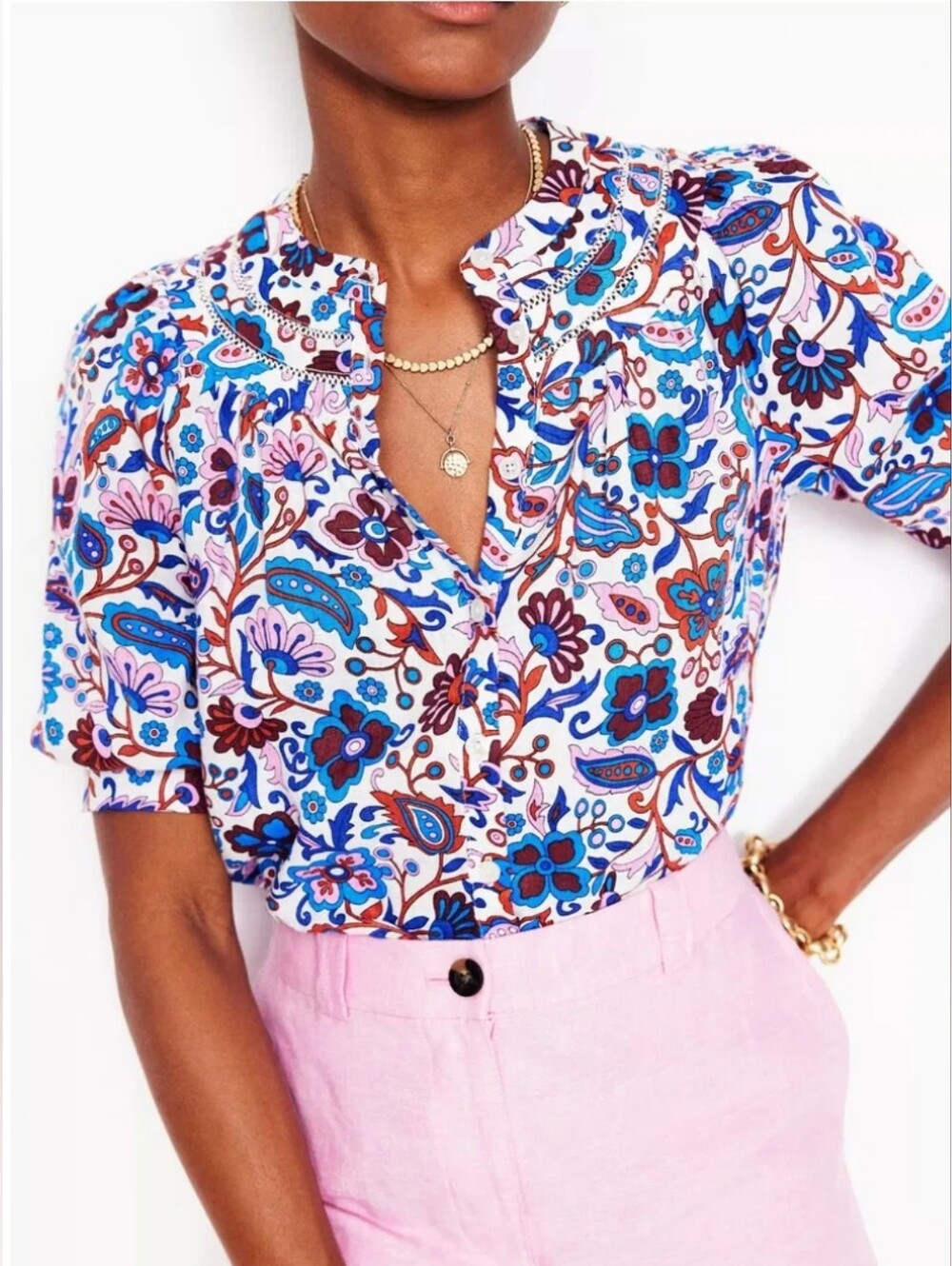Boden Bea Linen Floral Top White Blue Size 2 - Picture 4 of 9